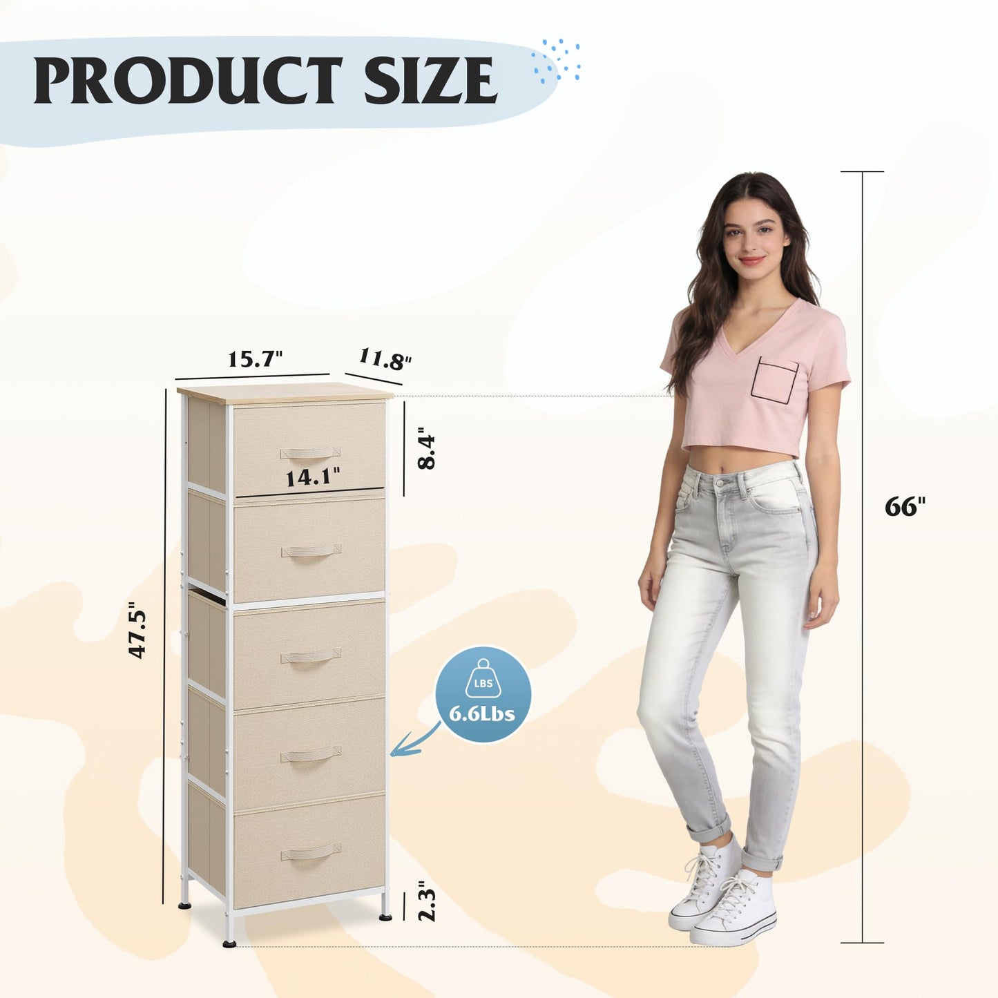 WLIVE Fabric Dresser, 5-Drawer Tall Dressers for Bedroom, Storage Dresser Organizer with Fabric Bins, Wood Top, Sturdy Steel Frame, Chest of Drawers for Closet, Hallway, Cream White