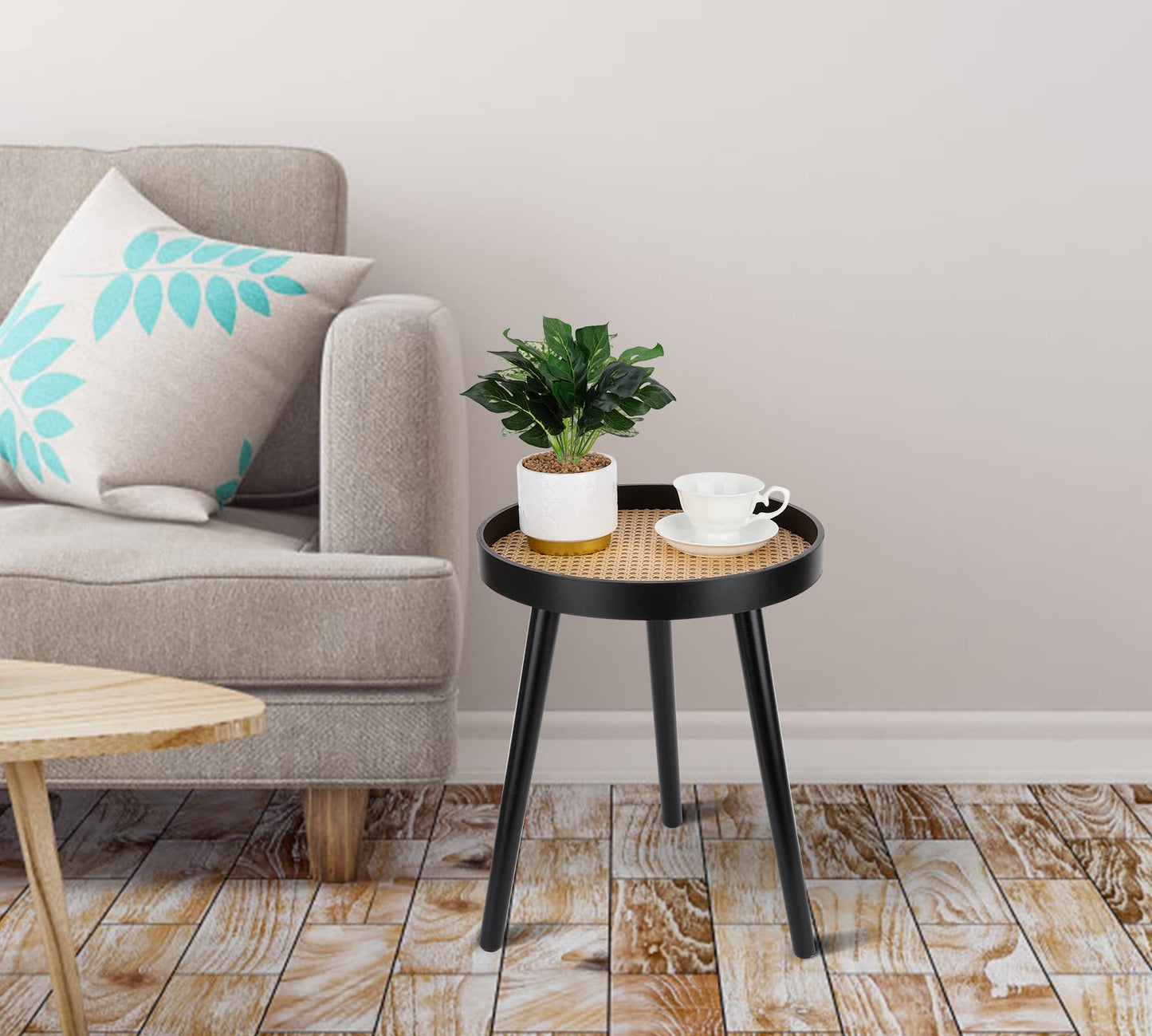 Rattan Round Side Table, Black Small End Table, Accent Table, Modern Boho Bedside Table, Mid-Century Patio Side Table, End Tables for Living Room Bedroom Office Balcony