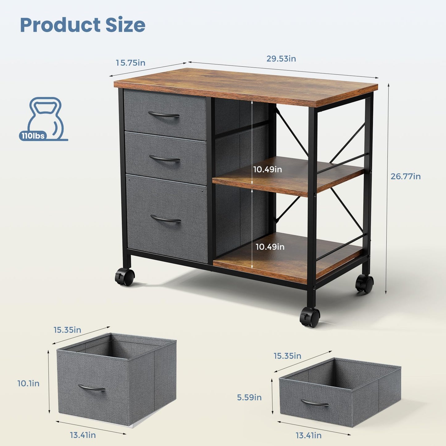 DUMOS 3 Drawer Mobile File Cabinet, Freestanding Fabric Lateral Filing Cabinet Fits A4/Letter Size, Space Saving Rolling Printer Stand with X-Frame and Open Storage Shelf for Home Office, Grey
