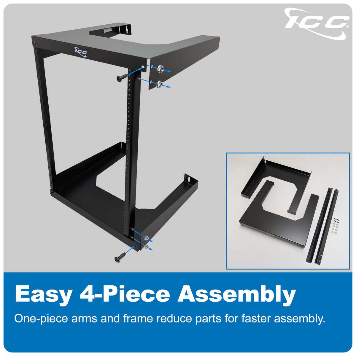 ICC 15U Wall Mount 19″ Open Frame Server Rack – 18″ Deep Cold-Rolled Steel, 125 lb Load Capacity – Network Rack for Patch Panels, Switches, AV, IT & Telecom Equipment Installations