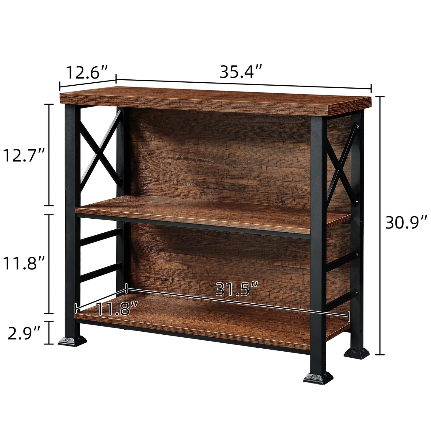 HOMBAZAAR 3-Tier Small Bookshelf, 35.4 Inch Short Book Shelf with Sturdy Metal Frame & Wood Shelves, Rustic Brown Industrial Bookcase for Living Room, Bedroom, Office