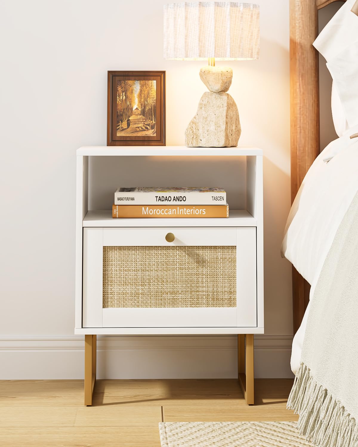 Apetaccat Rattan Nightstand, Boho Night Stand Farmhouse Wood Bedside Table with Storage and Open Shelf, End Side Accent Table for Bedroom,Living Room,White