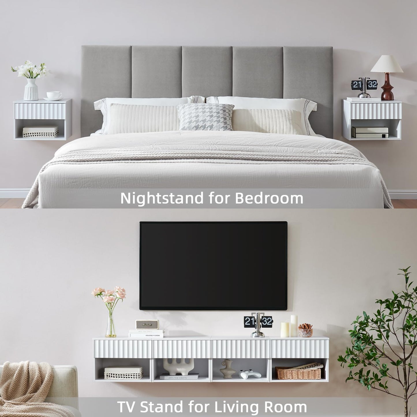 BuildHom Floating Nightstand with Fluted Drawer - Modern Wall Mounted Bedside Table with Open Storage Shelf, Small Night Stand TV Stand for Bedroom(Matte White)