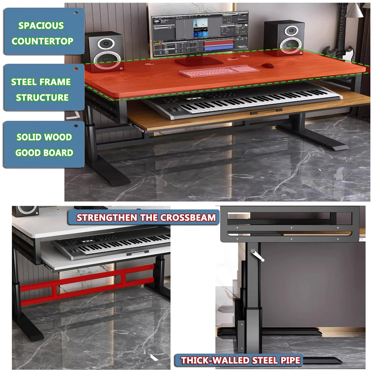 Music Studio Desk Workstation with Keyboard Tray, Office Computer Table with Organized Wiring/Keyboard Shelf Workbench Electronic Piano Midi Production Recording Studio