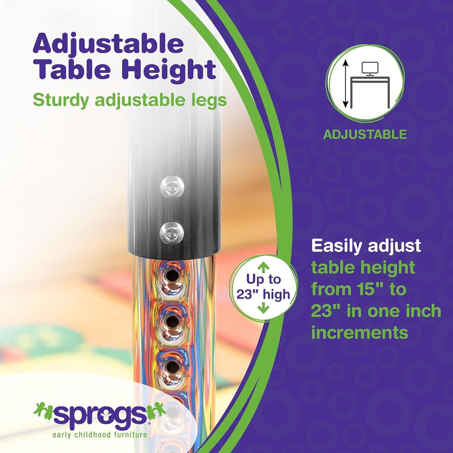 Sprogs Adjustable Height Mobile Classroom Activity Table for Preschools, Flower Preschool Activity Table with Casters, 60" L x 60" W x 23" H, Gray/Black