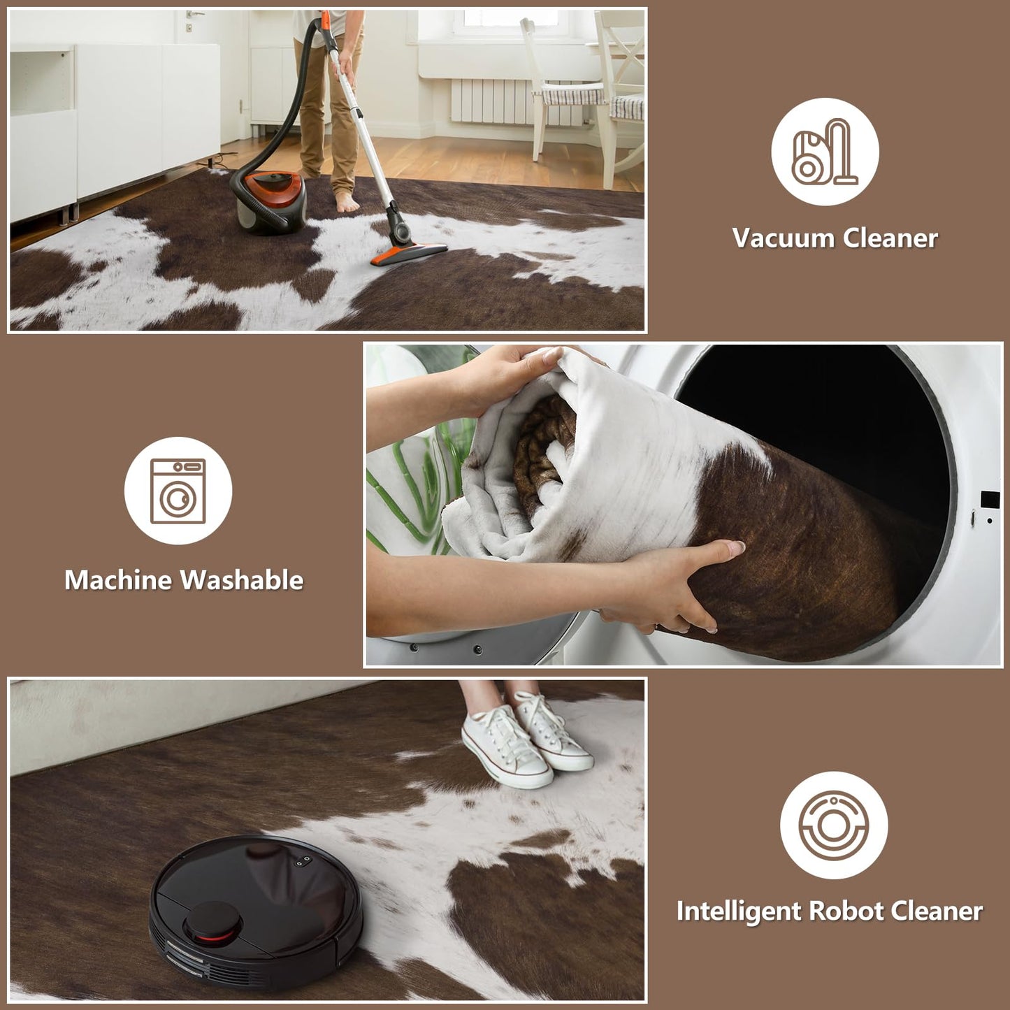 DweIke Cow Print Rug 5x7 – Brown Faux Cowhide Rugs, Washable Soft Non-Slip Stain Resistant Animal Cow Hide Carpet for Living Room Bedroom Dining Room Office, Western Home Decor