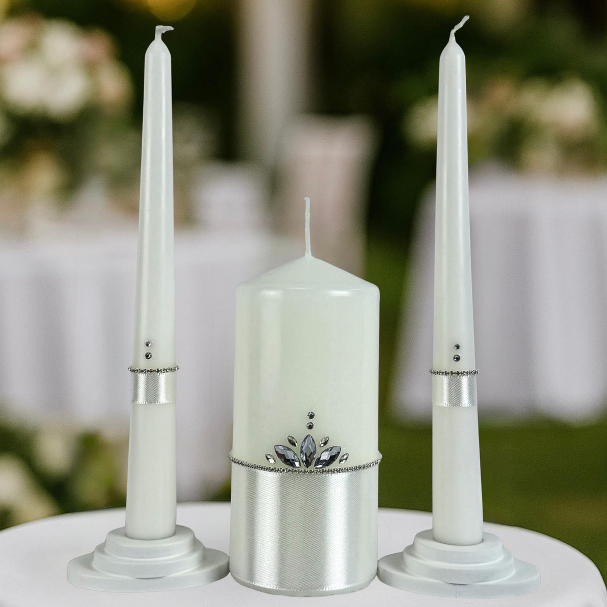 Magik Life Unity Candle Set - Wedding Ceremony & Reception Candle – 6” Pillar & Two 10” Taper Candles – Long Burning Unity Candles for Marriage Ritual – Handmade in USA –White |Classic|Crown