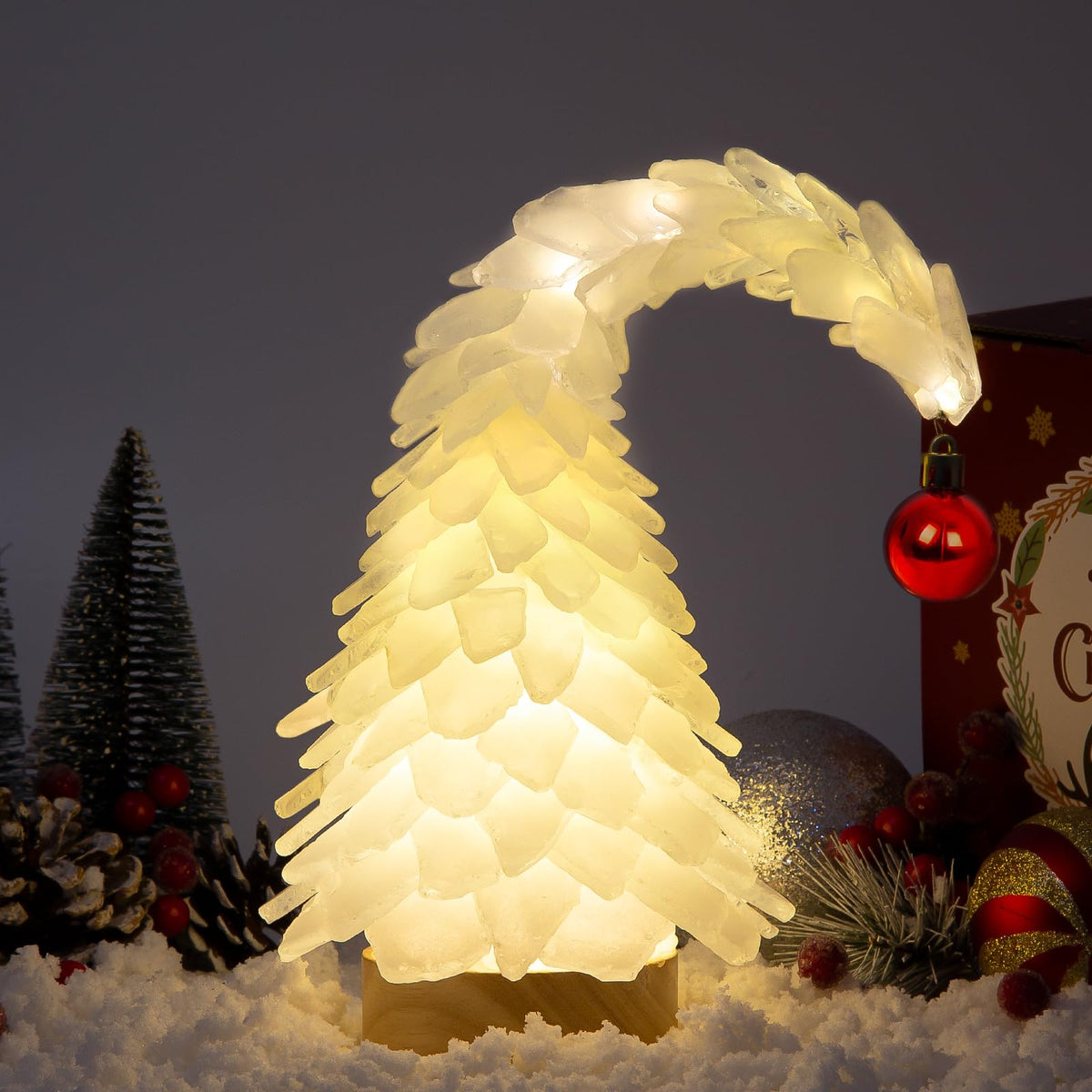 Crooked White Sea Glass Christmas Tree with LED Lights - Handcrafted Whimsical Mini Christmas Tree, Ideal for Christmas, New Year, Coastal Holiday Decor & Gifts, Versatile Home Decor