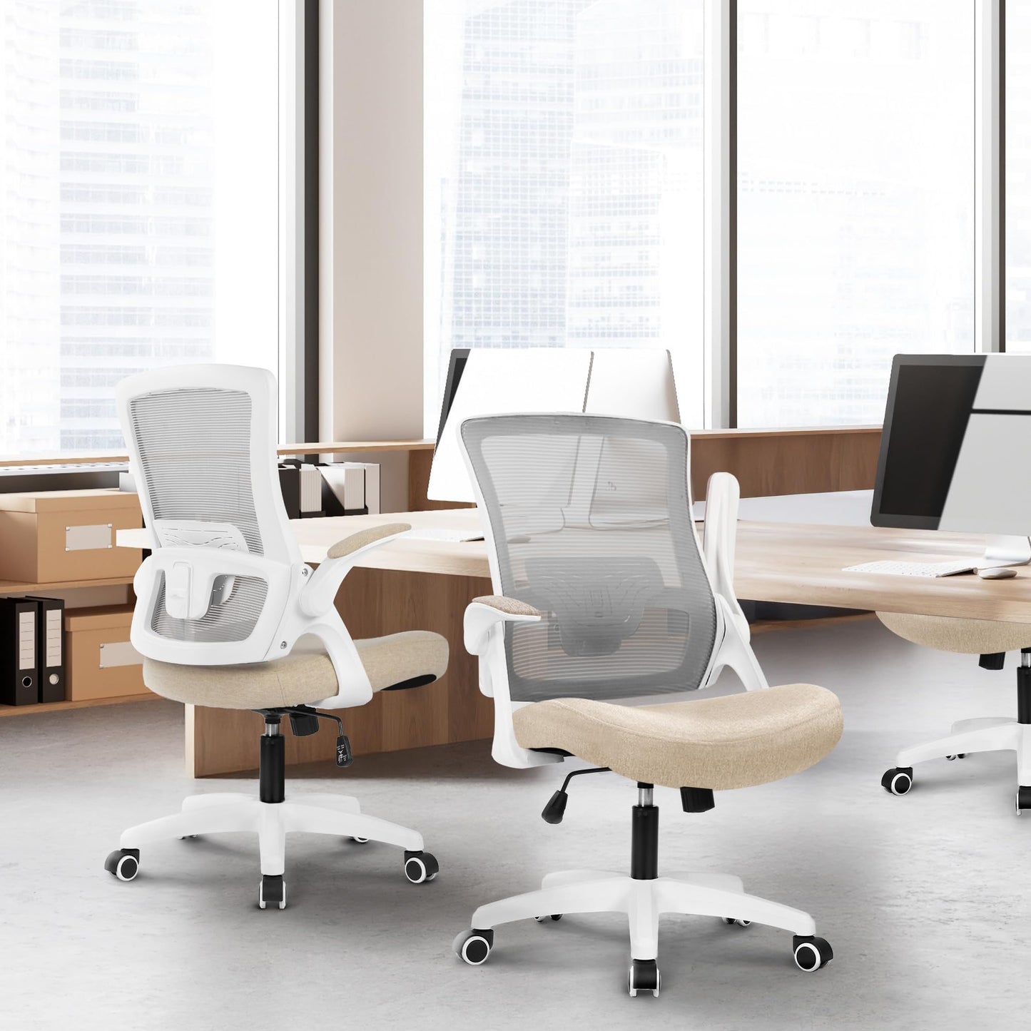 NEO CHAIR Office Desk Gaming Chair Computer High Back Mesh Seat with Rolling Wheels Ergonomic Adjustable Comfy Flip-up Armrests Lumbar Support Height for Home (Beige)