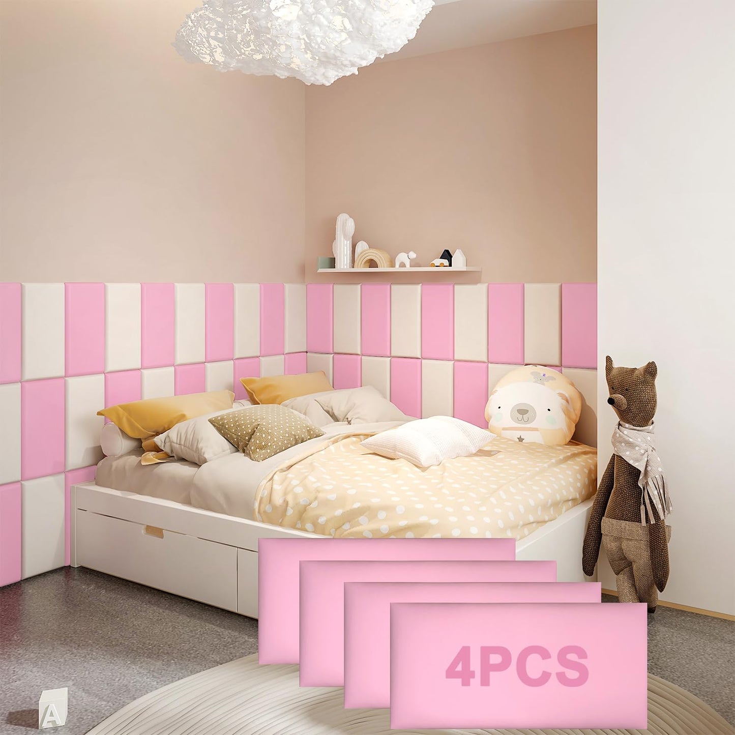 YLL YLL 4PCS Anti-Collision Wall Padding 3D Peel and Stick Headboard Upholstered Wall Panels Pink Wall Mounted Headboard Soundproof Wall Panels