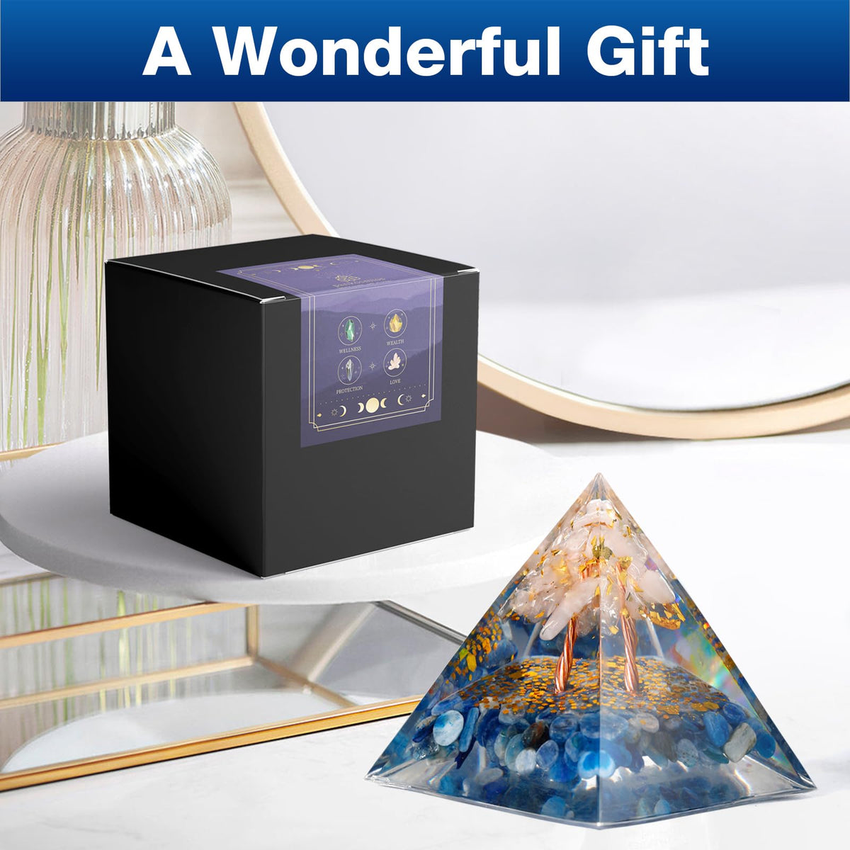 Pankósmios Orgone Pyramid - Amethyst & Obsidian - Generate Positive Energy, Reduce Stress, Aid Chakra Reiki Healing, Meditation - Attract Luck & Fortune - Blue