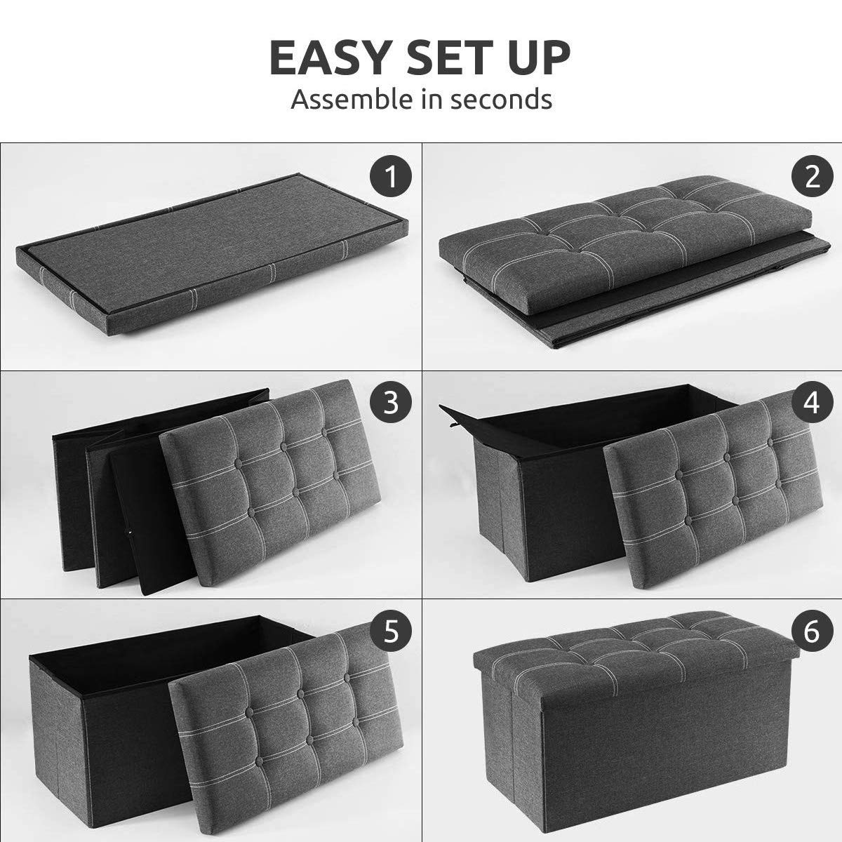 YOUDENOVA 30 Inch Storage Ottoman, Folding Ottoman with Storage, Linen Storage Bench Supports Up to 350 lbs, Footrest Seat for Living Room, Bedroom, Gray
