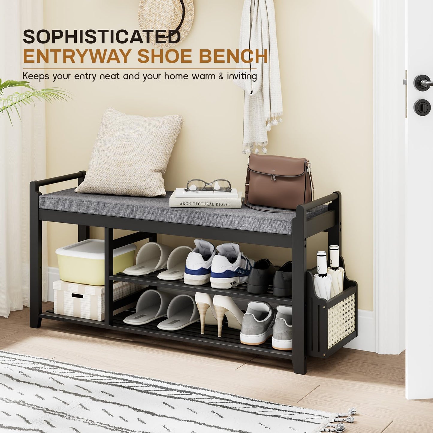 Homaxy 2-Tier Shoe Rack Bench with Side Holder, 39.4 in Bamboo Entryway Bench, Shoe Rack Organizer with Cushion for Front Entrance, Hallway Living Room Bedroom, Black and Dark Grey
