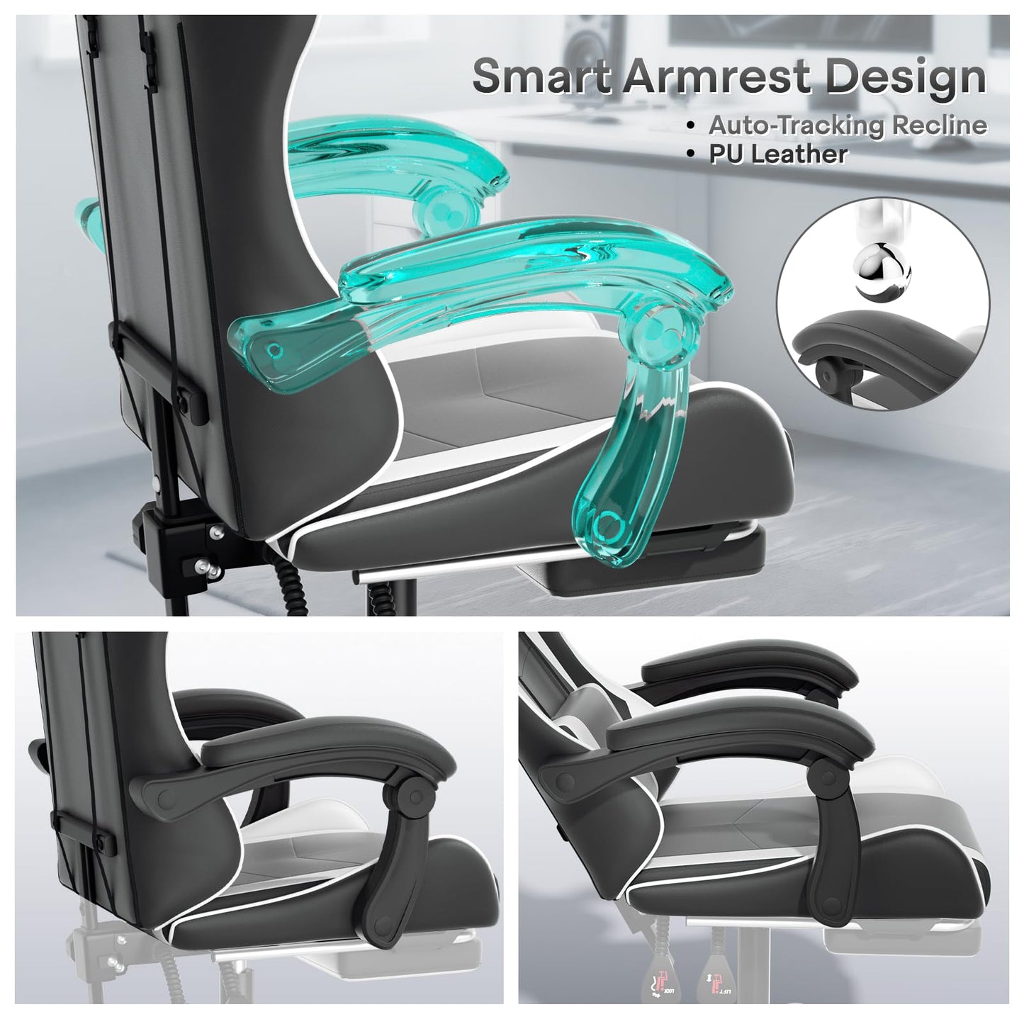 Athena Collection Ergonomic Gaming Chair with Footrest & Headrest Lumbar Support, Height Adjustable Swivel Office Chair Reclining Game Chair High Back Computer Chair for Adults, White