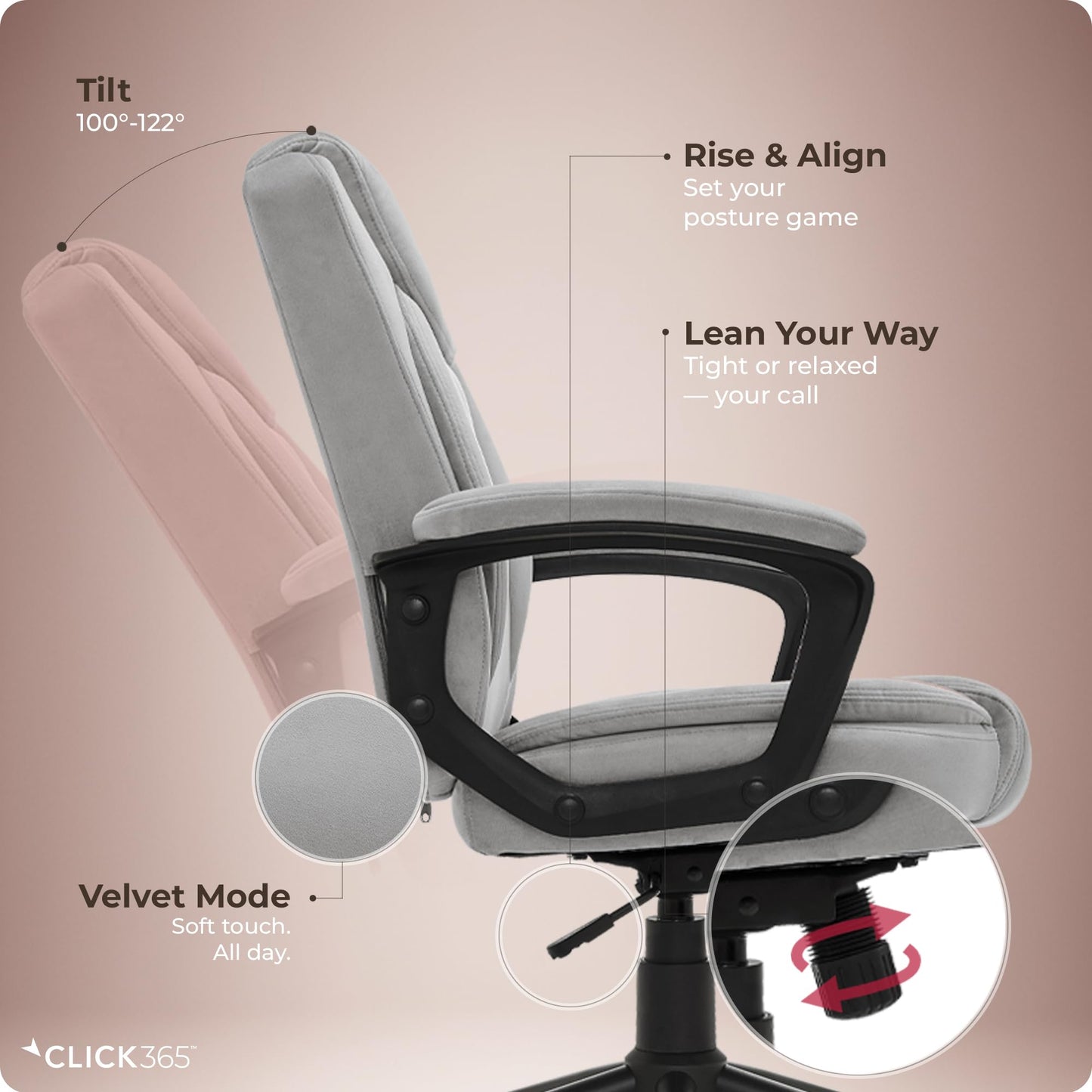 Click365 Transform 1.0 Ergonomic Office Chair, Mid Back Desk Chair with Padded Arms, Lumbar Support, Adjustable Height, Tilt Recline, Swivel Computer Chair, Fabric, Light Grey