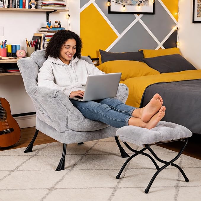 MBOOYOME Lazy Chair with Folding Ottoman, Modern Accent Armchair with Armrests