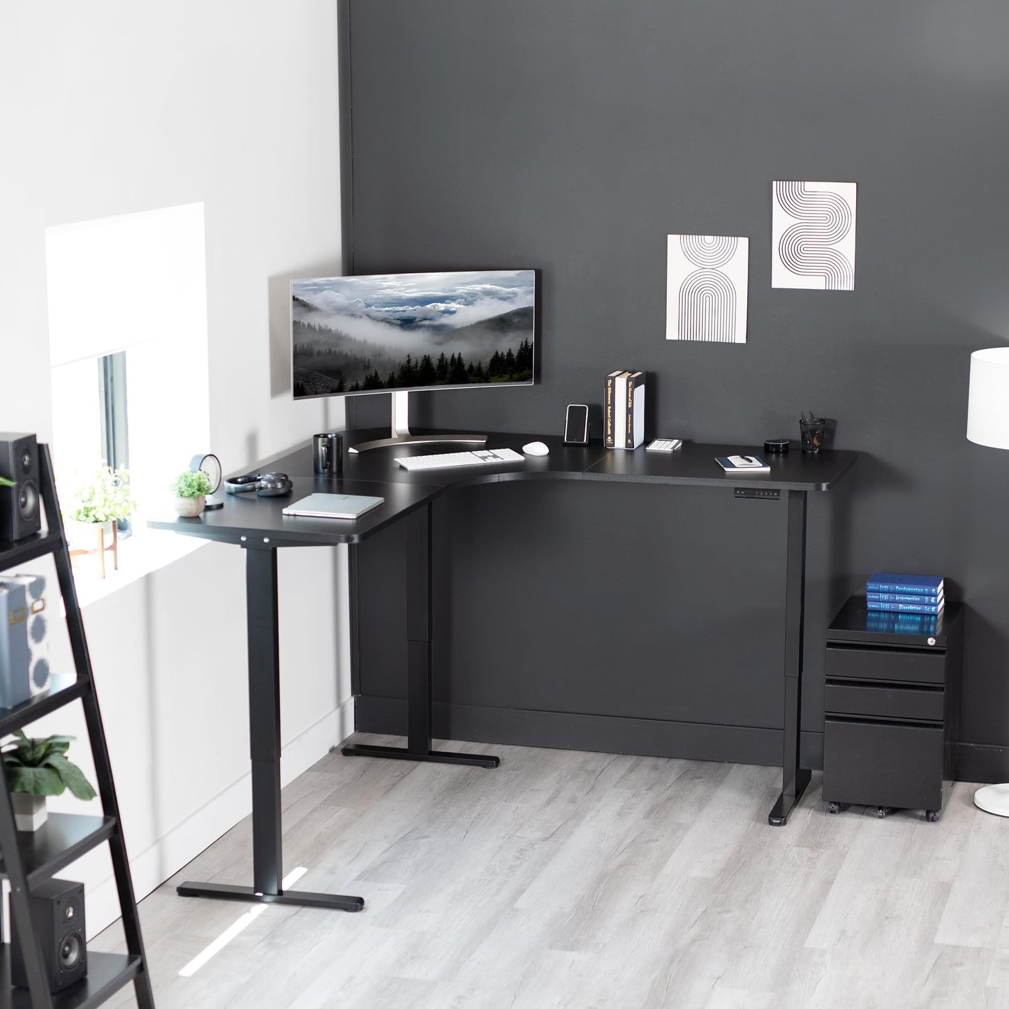 VIVO Electric Multi-Motor Height Adjustable Corner 3 Leg Standing Desk Frame, Sit Stand Ergonomic L Frame with Push Button Controller, Black, DESK-V123EB