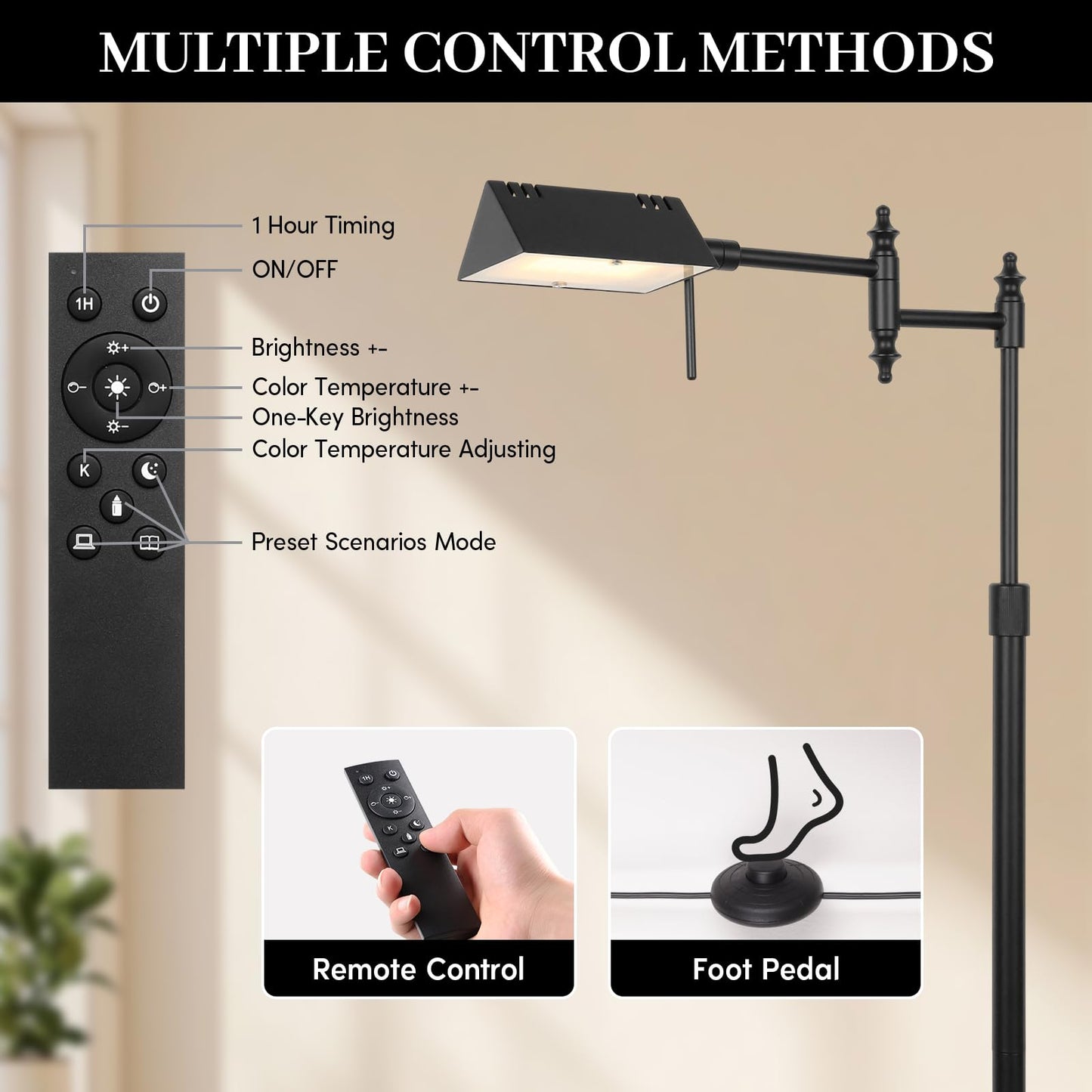 Bairth Dimmable Pharmacy Floor Lamp with Remote, 17W LED Reading Floor Lamp with 360°Swing Arm, 3 Color Temperature, Height Adjustable Black Standing Task Lamp for Living Room, Bedroom, Black