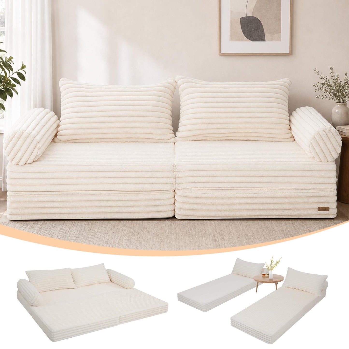 MeMoreCool Convertible Sofa Bed, Folding Floor Couch Bed Queen, Pull Out Sleeper Couch with Pillows, Fold Out Futon Sofa for Bedroom Living Room Small Space, Soft Corduroy