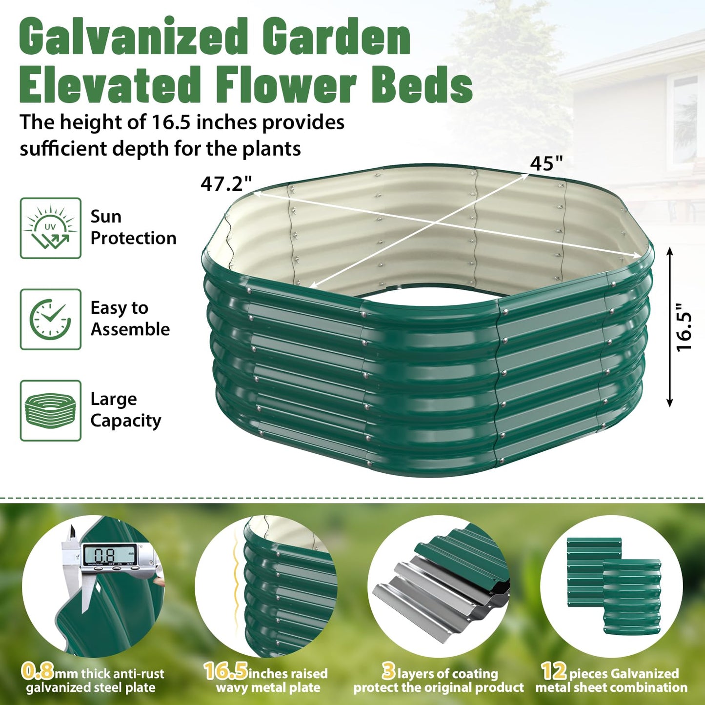 Hexagon Raised Garden Bed, 48 Inch Diagonal & 16.5 Inch Tall, Galvanized Steel Planter Box with Wave-Shaped Metal Panels for Outdoor Flower,Tree,Herb & Vegetable Garden (Dark green, 4FT X 1.5FT)