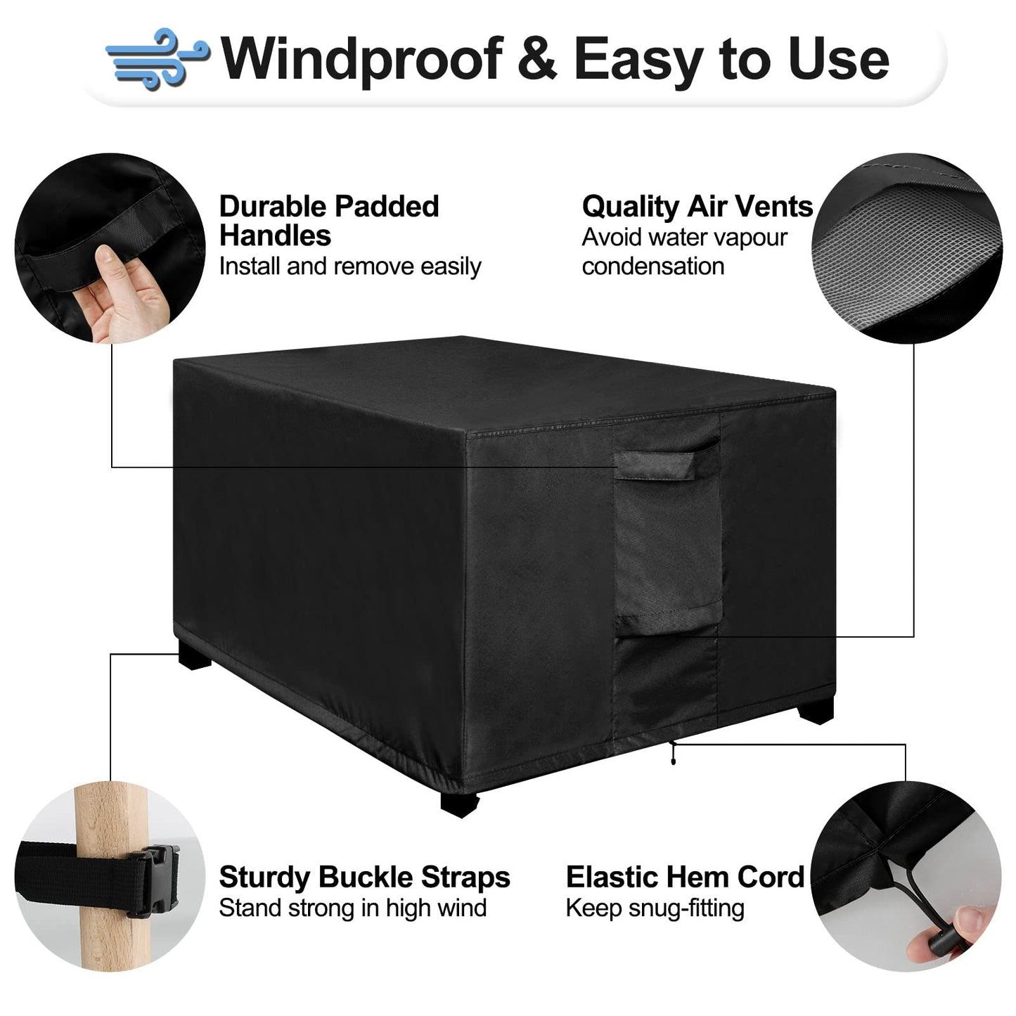 OutdoorLines Outdoor Waterproof Patio Ottoman Covers - Rectangle UV-Proof Patio Side Table Cover Windproof Heavy-Duty Furniture Covering Protector 48L x 25W x 18H Inch, Black