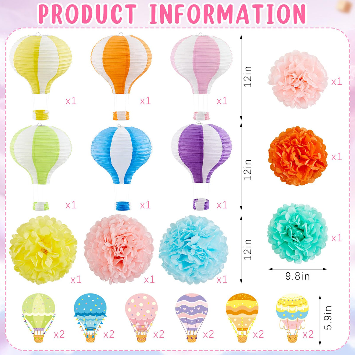 Hortsun 36 Pcs Hot Air Balloon Decorations Include 6 Hanging Hot Air Balloon Paper Lanterns 6 Paper Flowers 12 Hanging Cards 12 Spiral Decor for Wedding Birthday Anniversary Christmas Party Decor