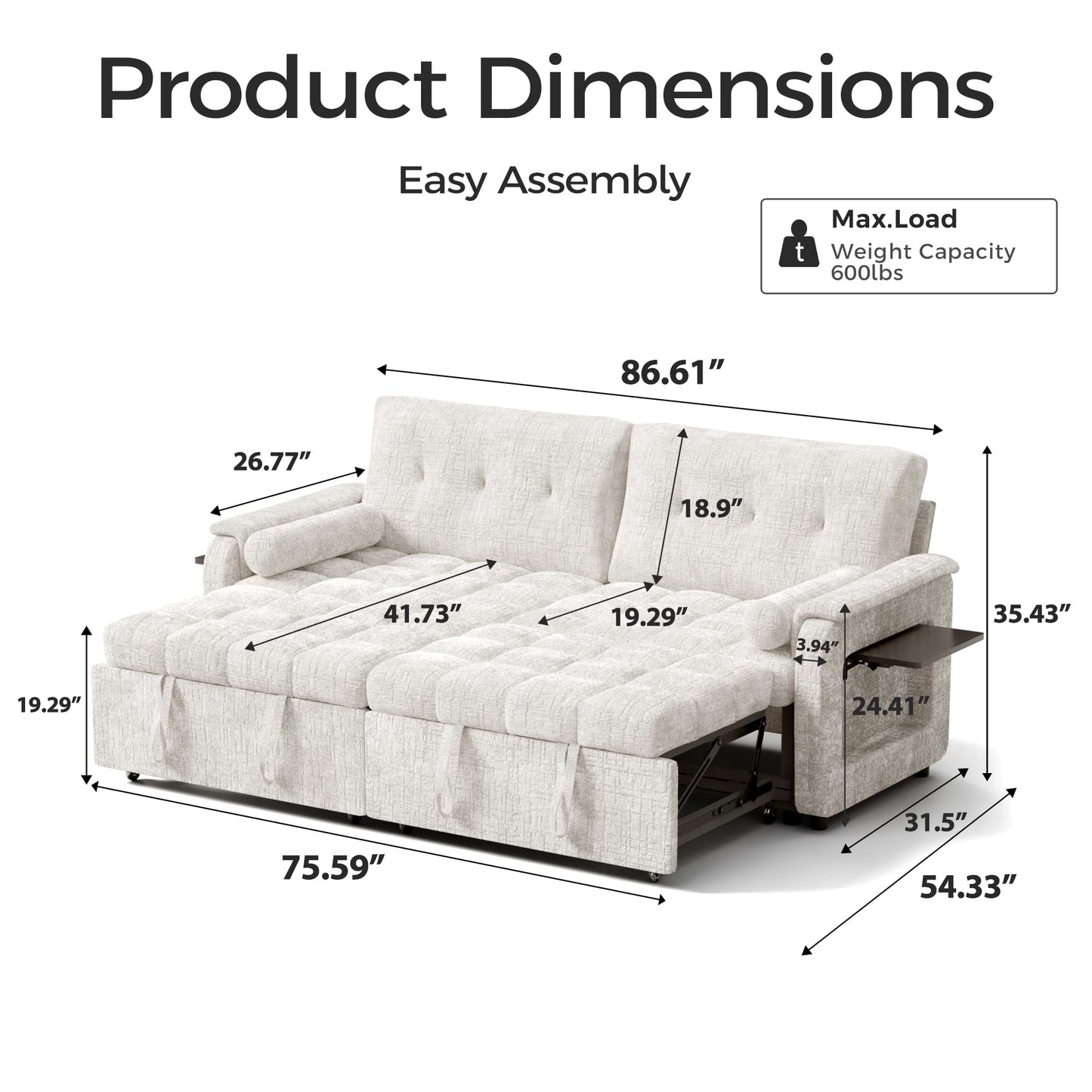 Trygoal Convertible Sleeper Sofa Bed, 86 Inch Chenille Pull Out Couch with Side Table & Adjustable Backrest, Sectional Sleeper Sofa with Pull Out Bed for Living Room, Apartment, Beige