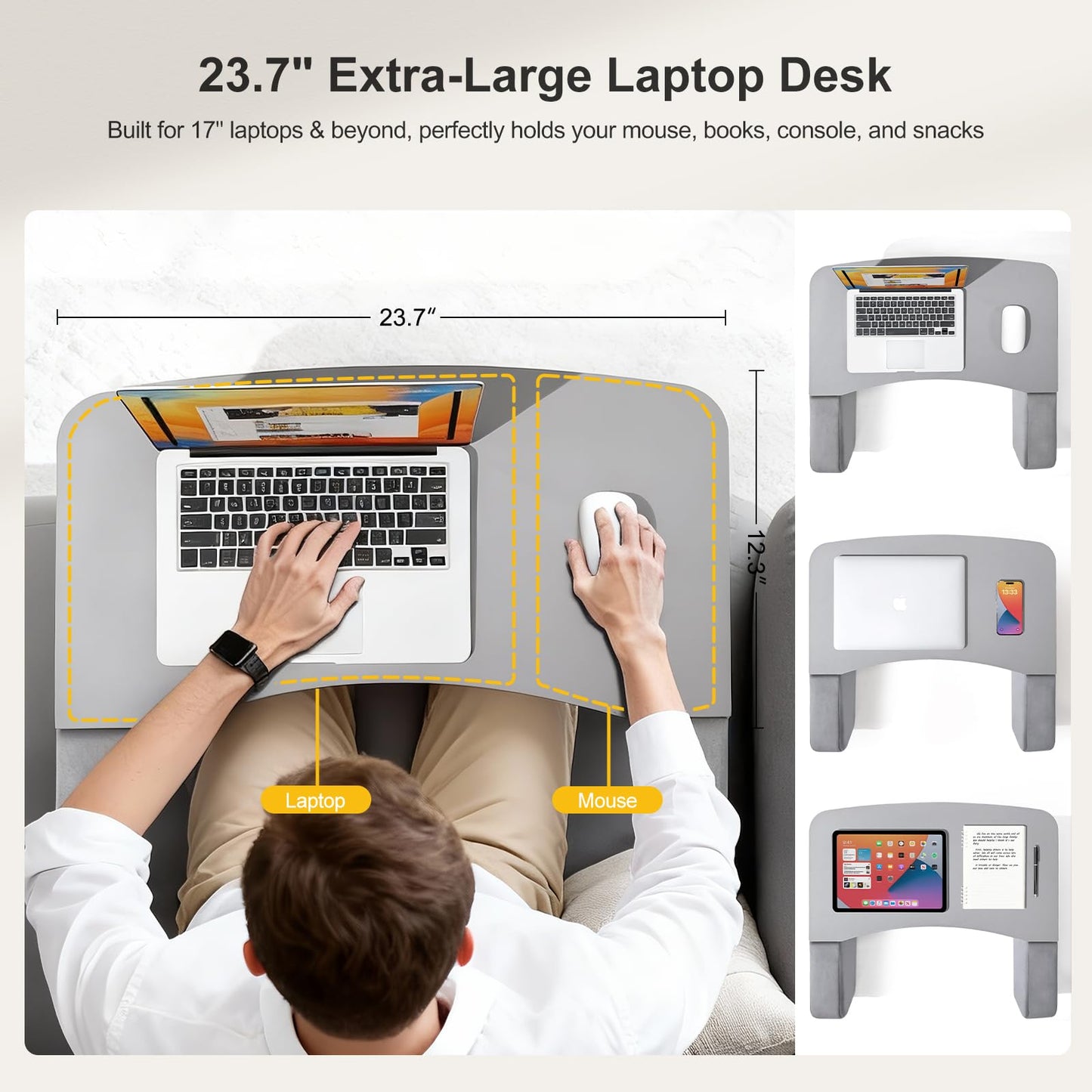 Lap Desk for Adults with Arm Rests,Ergonomic Laptop Pillow Stand for Bed,Couch,Floor,Large Table for Long Hours Work,Eating,Gaming,Reading and Writing,Lap Laptop Desk for College Dorm Room (Grey)