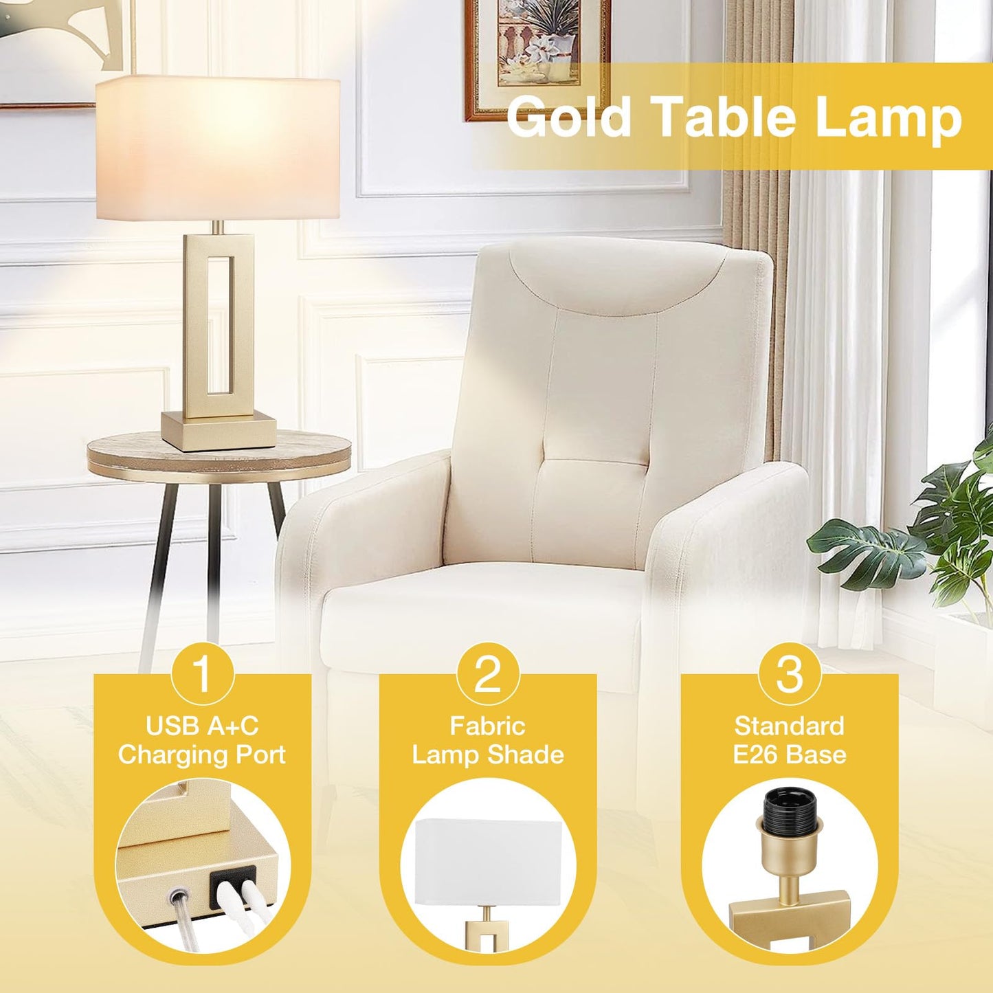 Seealle Bedroom Table Lamps Set of 2 - Touch Bedside Lamps with USB C+A, 3 Way Dimmable Gold Lamp for Nightstand, Modern Night Stands Lamps for Living Room End Tables Desk Bed Side Study Room(16.4n)