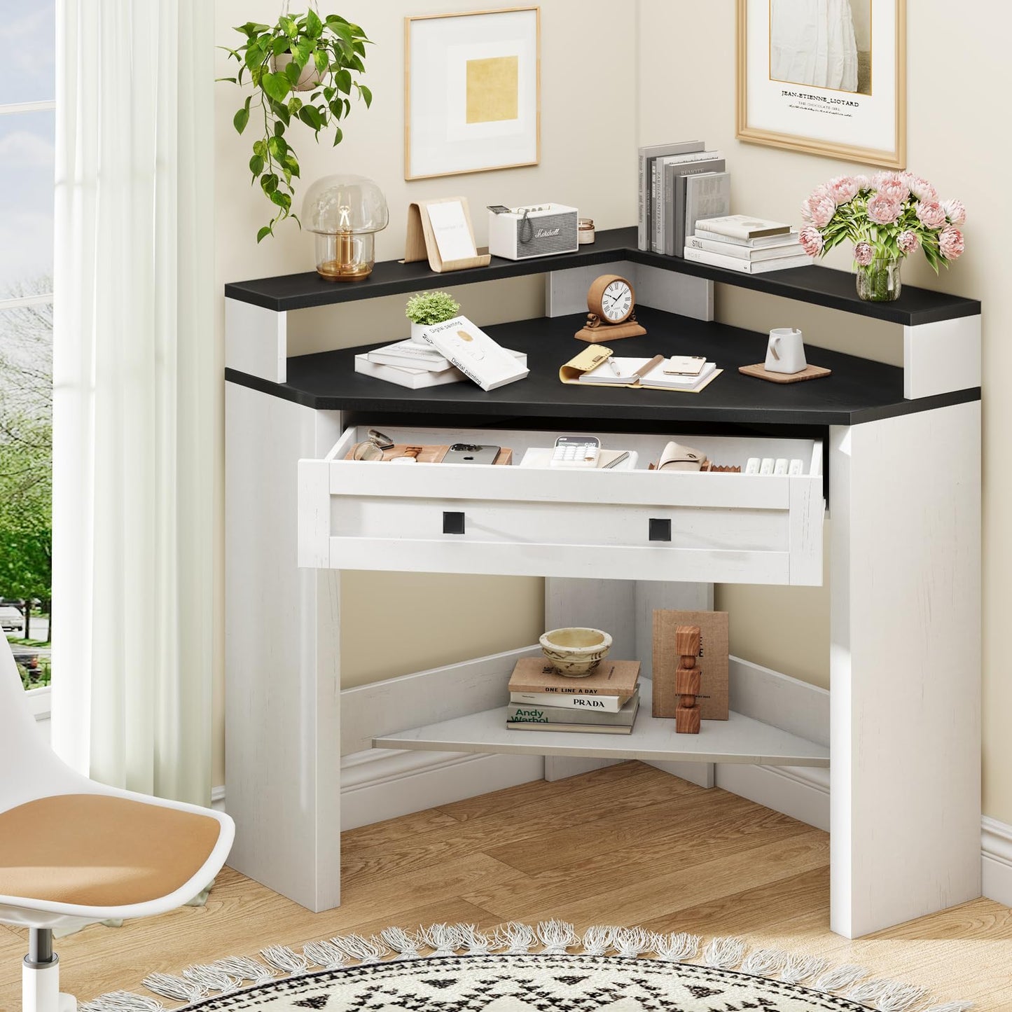 Small Corner Desk, Corner Desk for Small Space, Farmhouse Computer Desk with Drawer, Triangle Computer Desk with Storage Shelf and Monitor Stand for Home Office, Living Room (Rustic White/Black)
