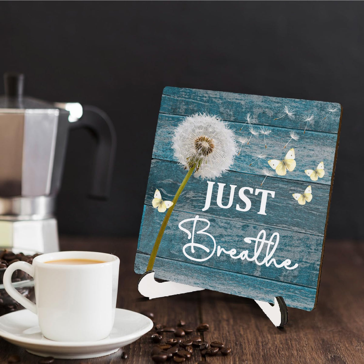 HSIASHENG Just Breathe Wooden Decor 5"X5", Just Breath Wooden Desk Table Sign for Home Office Restroom Living Room Bathroom, Funny Quote Decorative Gifts for Man Woman Friends (5x5 Inch)