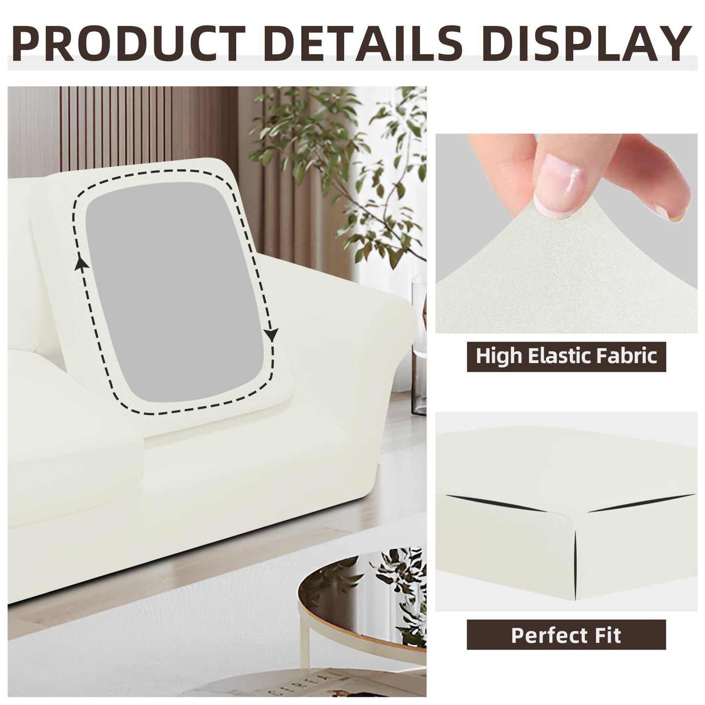 Easy-Going 7 Pieces Stretch Couch Cover Washable Sofa Cover Set for 3 Backrest and Seat Cushion Couch Anti-Slip Sofa Slipcover Furniture Protector with Elastic Bottom (Large, Ivory)