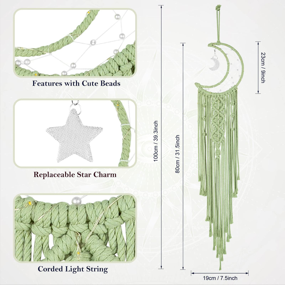 Macrame Moon Dream Catcher for Girl, Green Boho Crescent Dreamcatcher for Bedroom Adult, Handmade Nursery Room Wall Hanging with Star Pendant for Teen, Bohemian Home Decoration Idea