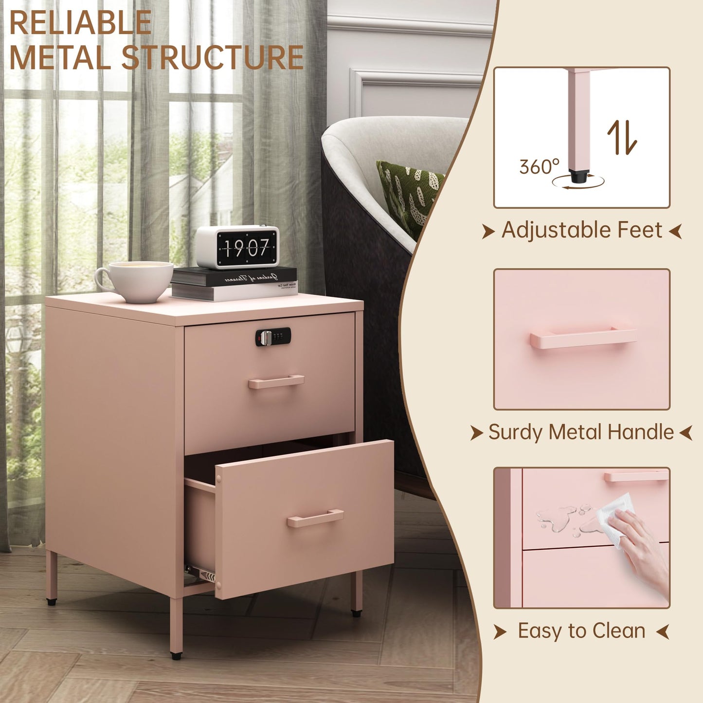 Steehoom Metal Nightstand with Lock, 2 Drawer End Side Table, Lockable Storage Cabinet Kids Cabinet for Living Room, Bedroom, Dorm, 21.26”H X 15.75”W X 15.75”D (2 Drawer, Pink)