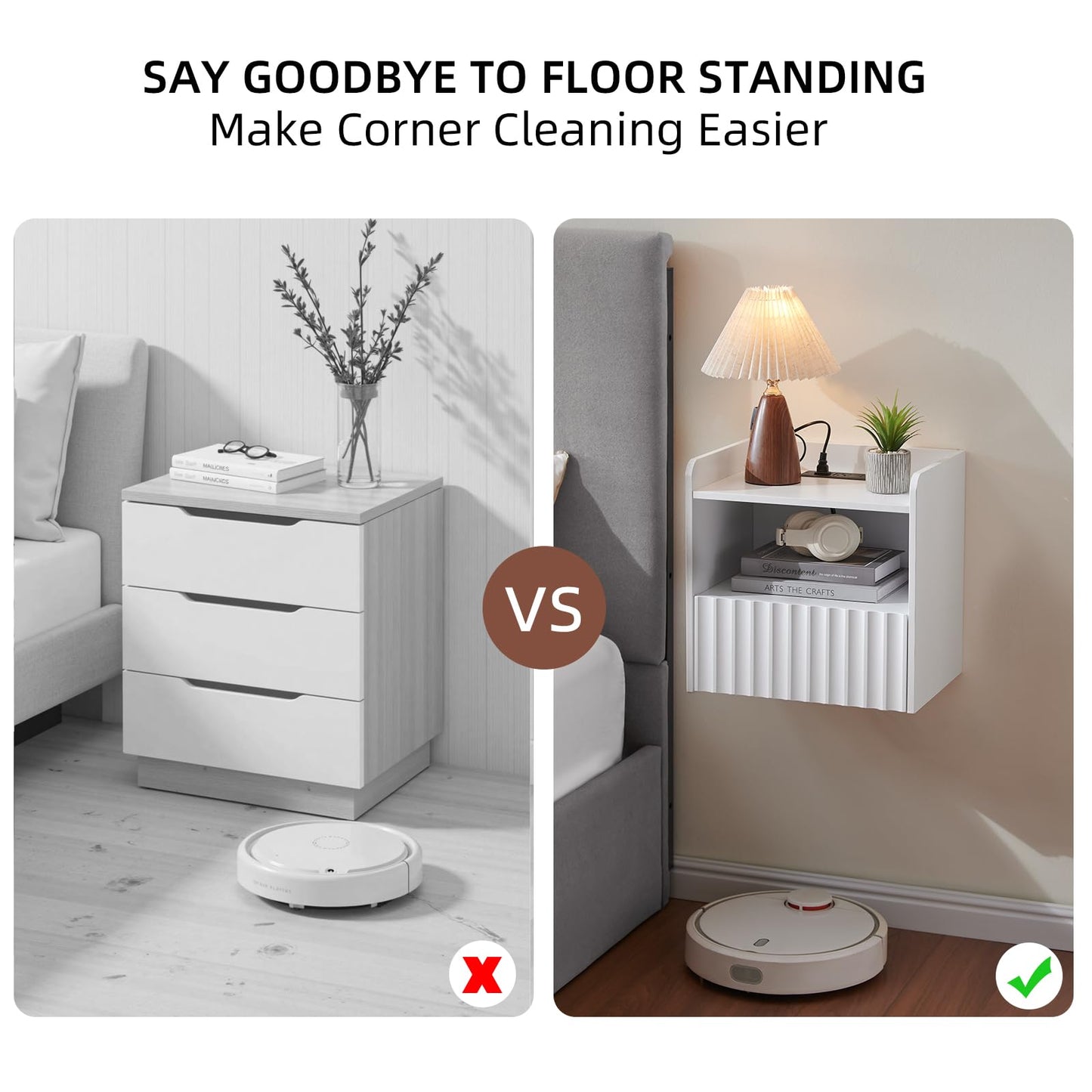 BuildHom Modern Fluted Floating Nightstand Wall Mounted - Bedside Table with Storage Drawer & Display Shelf, Minimalist Bedroom Furniture for Studio Apartments (Matte White)