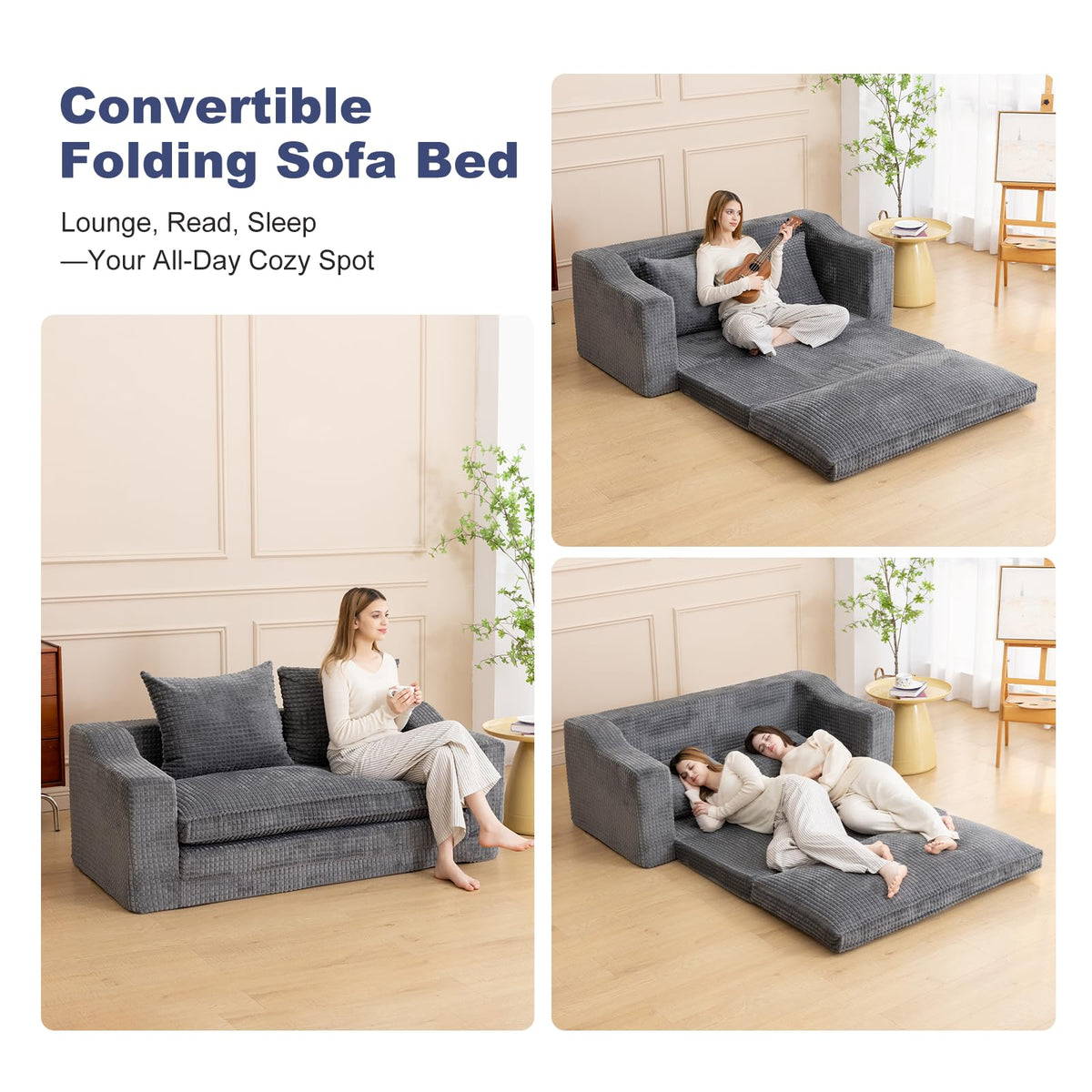 61" Convertible Sofa Bed Loveseat, Memory Foam Boneless Floor Couch with Removable Corduroy Cover, Tri-folding Compact Full-size Sleeper for Small Living Room, Playroom, Guest Room, RV (Dark Gray)
