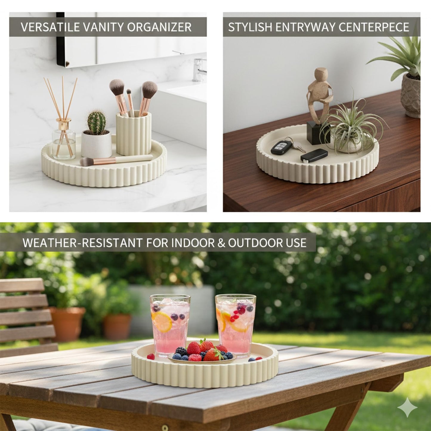 13" Round Concrete Tray for Coffee Table Decor,Modern Gray Centerpiece Decorative Home Table Serving Tray for Living Room,Office,or Dining Room - Durable and Stylish (Cream)