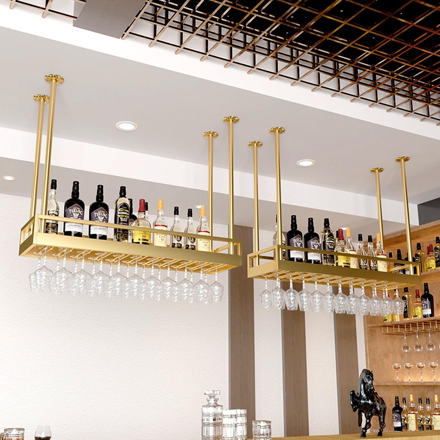 MISTRARA Ceiling Wine Rack, Adjustable Height Gold Multi Functional Hanging Wine Glass Rack, Large Capacity Wine Rack, for Bar, Kitchen, Cafe Wine Bottle Storage (Size : 60 * 35cm)