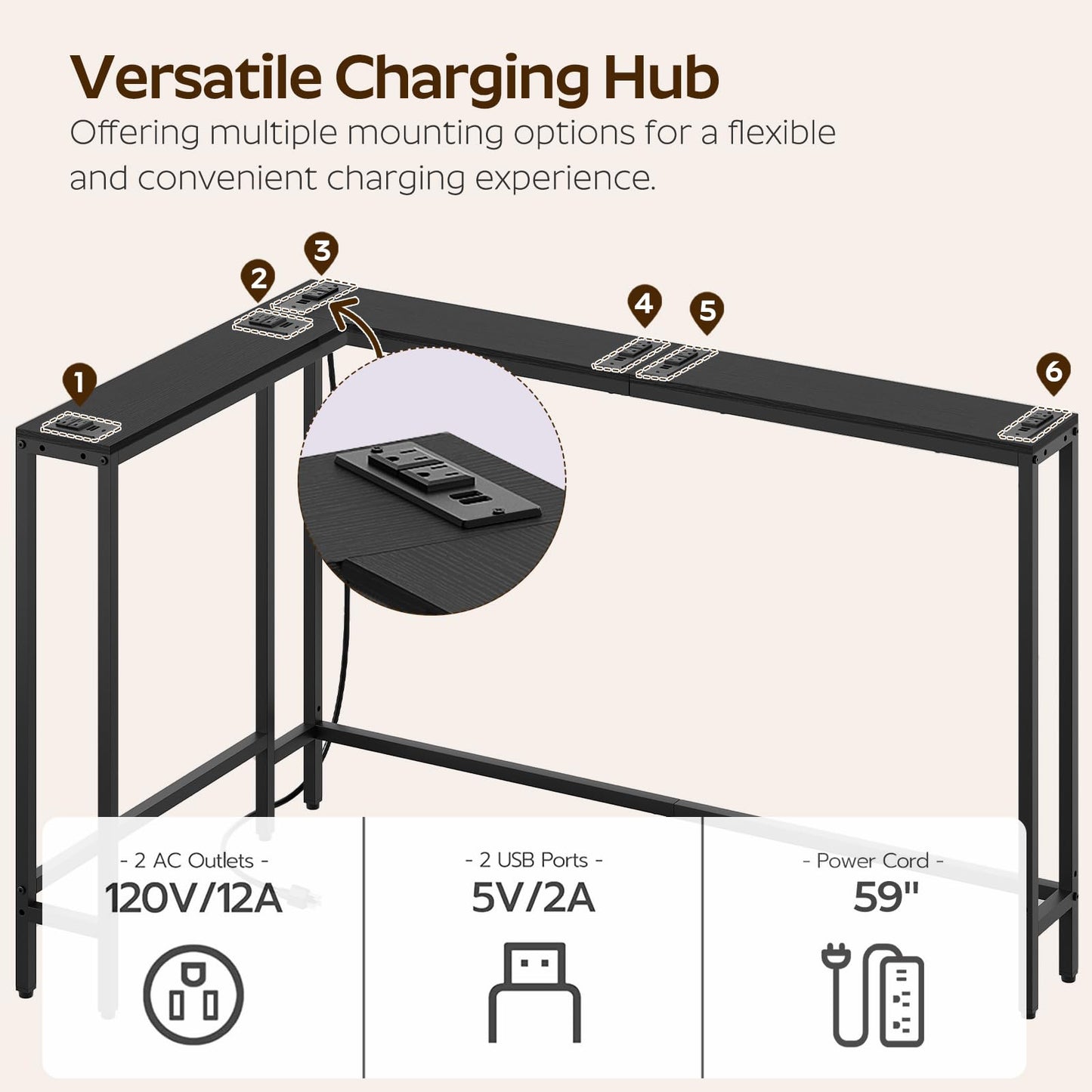 YATINEY Narrow Console Table with Outlets, 70.9" Sofa Table Narrow Long, L Shaped Behind Couch Entryway Table with Charging Station, for Living Room, Hallway, 3 Assembly Options, Black CT07UBB
