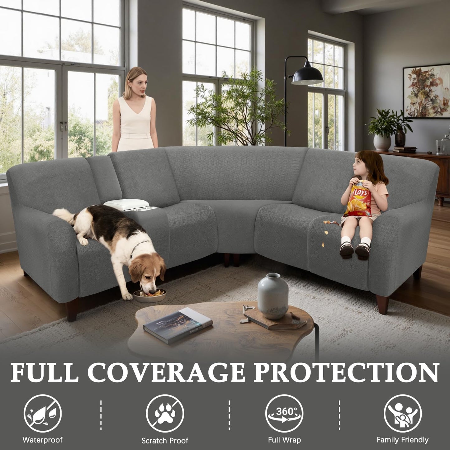 ROFASVCO Waterproof Sectional Recliner Couch Covers for Reclining Couches Washable L Shaped Sofa Cover for Dogs Sectional Stretch Corner Recliner Slipcovers (5 Seater Cover, Charcoal Gray)