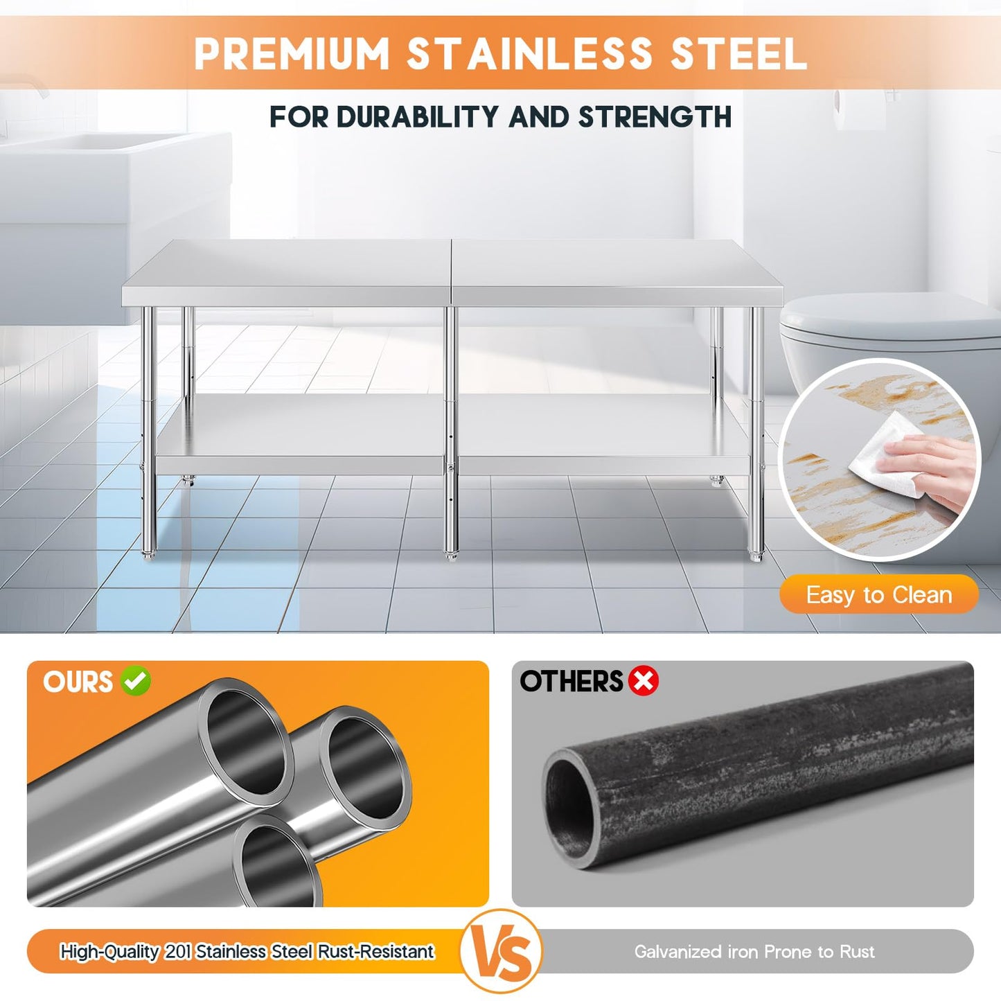30" x 82" Commercial Stainless Steel Prep Table with Adjustable Under Shelf & Feet - Ideal for Kitchen, Restaurant, Hotel, Garage Workstation