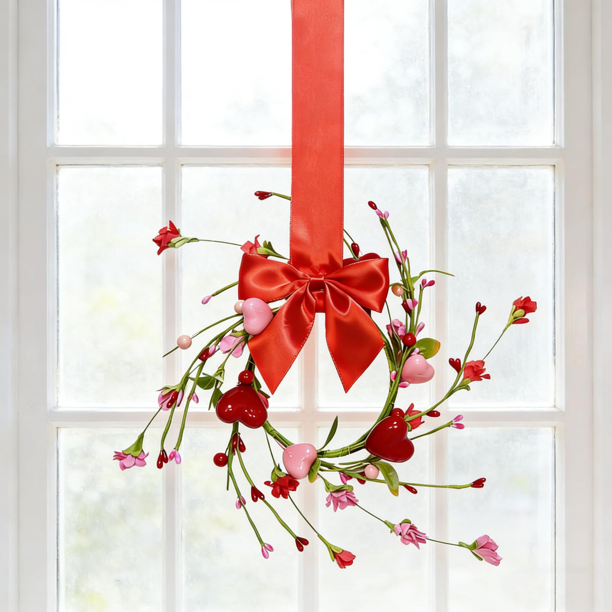 2 Pcs 10" Mini Valentine Candle Rings Wreath for Front Door Small Valentine's Day Red Heart Berry with Forsythia Flowers Decor for Kitchen Cabinet Porch Wall Window Chai (Pink)