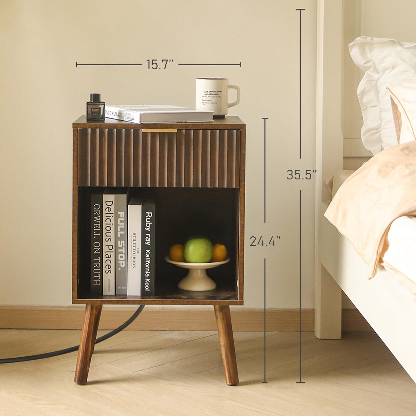 Fultyle Mid Century Modern Nightstand with Charging Station, Modern Bedside Table with Fluted Drawer and Storage Shelf, End Side Tables Living Room for Bedroom, Office (Rustic Brown)