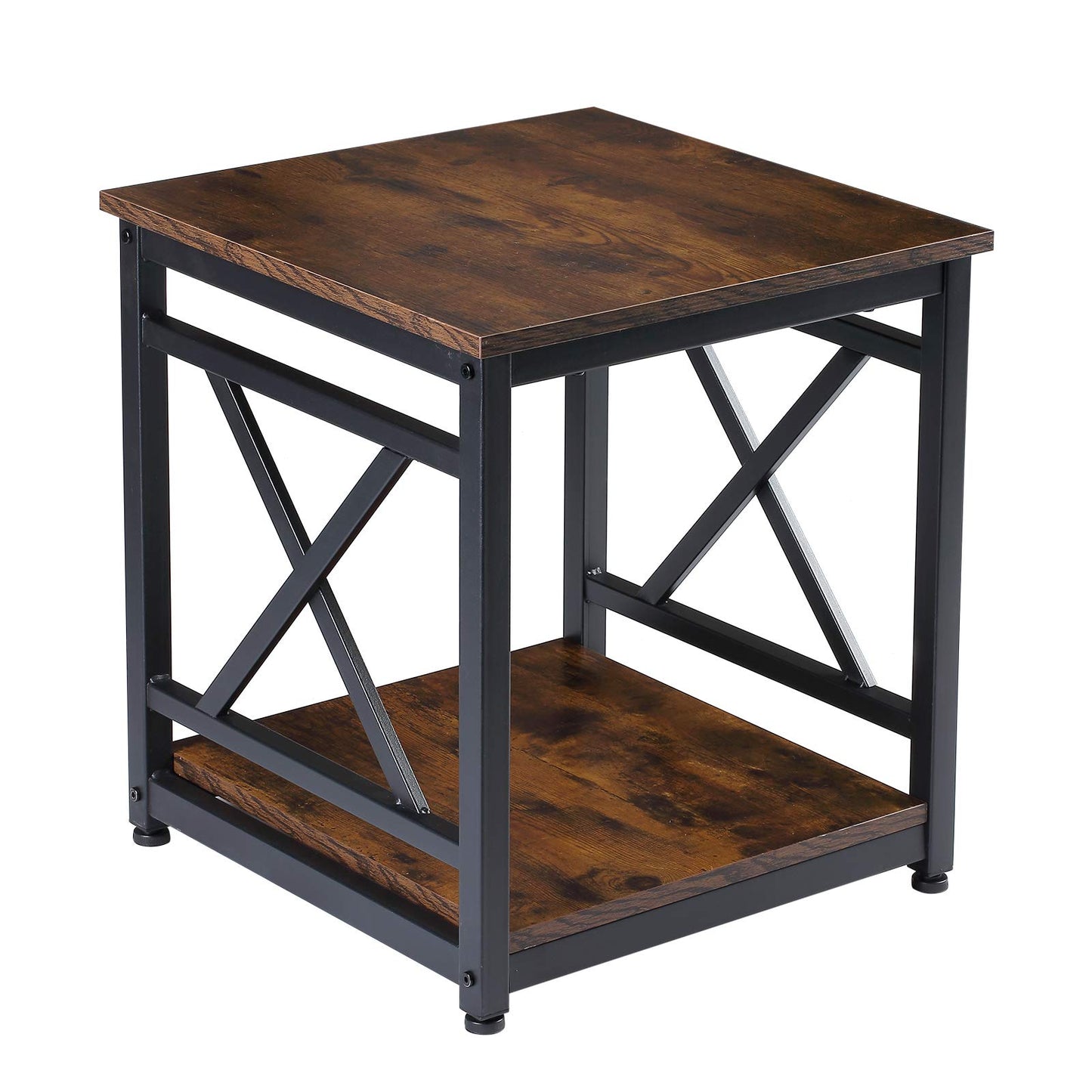 KSWIN Industrial End Table, 18" Square Side Table with 2-Tier Storage Shelf, X-Design Metal Frame, Rustic Brown Nightstand Bedside Table for Living Room, Bedroom