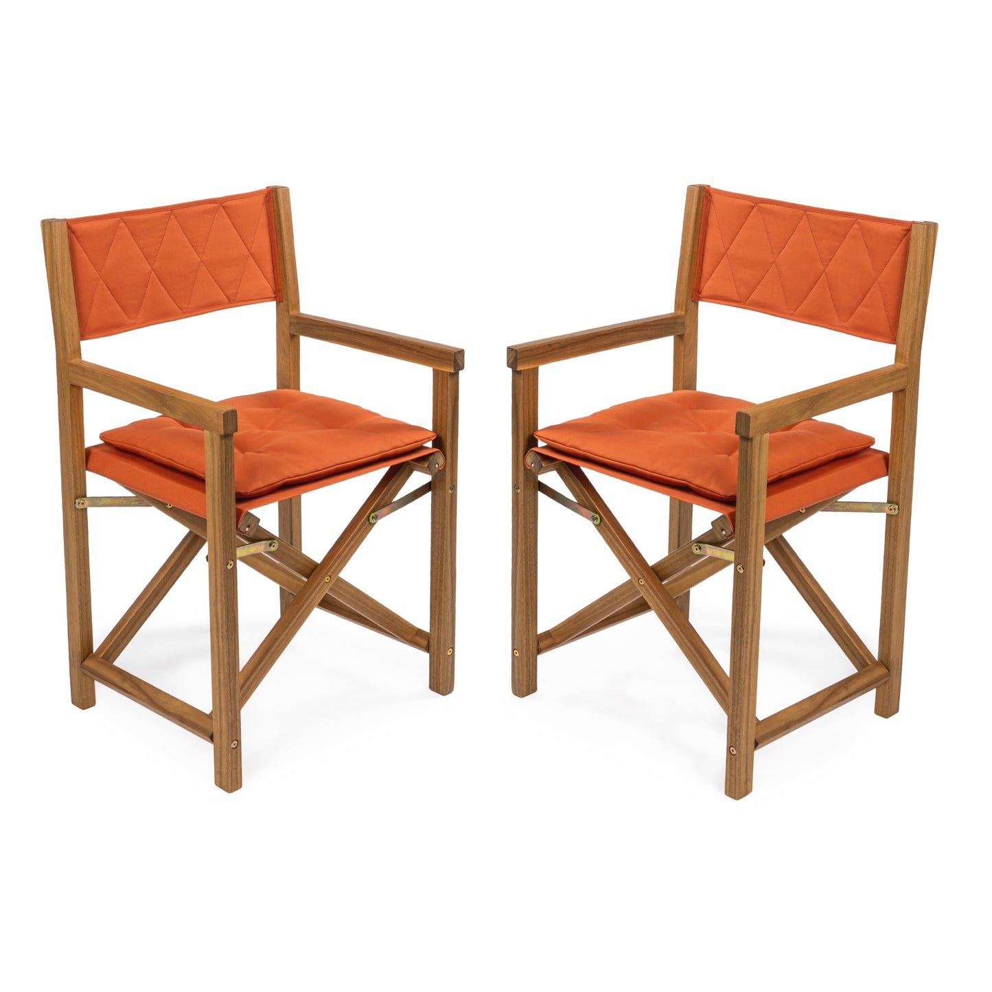 JONATHAN Y Waldo Acacia Wood Outdoor Director Chair Set of 2 for Patio & Balcony, Foldable Coastal Armchair with Orange Diamond-Quilted Cushions, Teak Brown DRC1002B-SET2