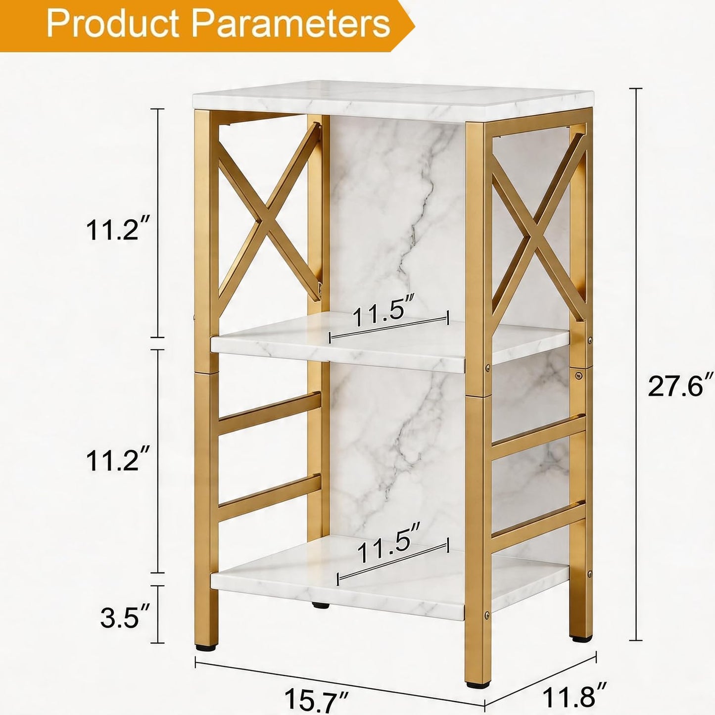 MNEETRUNG Small Bookshelf,3 Tier Industrial Bookcase with Metal Frame and Backboard,Low White and Gold Book Shelf,Book case for Small Spaces,Living Room,Bedroom and Home Office