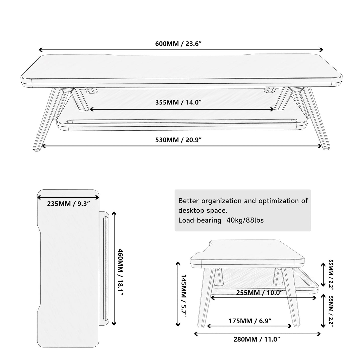 Fenge Monitor Stand, Monitor Stands Riser for Desk, 23.6 Inch Wood Desk Shelf with Storage Organizer and Cable Management for Office Desk Accessories