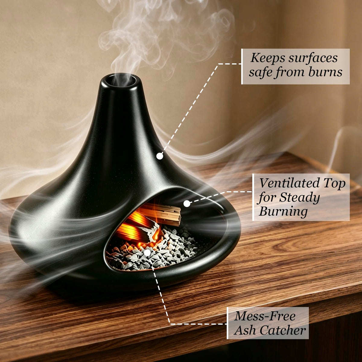 Ceramic Palo Santo Holder Chiminea Shape Burner, Mini Smudge Bowl with Ash Catcher for Incense Cones & Candles, Palo Santo Sticks, for Meditation, Yoga, Cleansing Ceremony, Handmade (Matte Black)