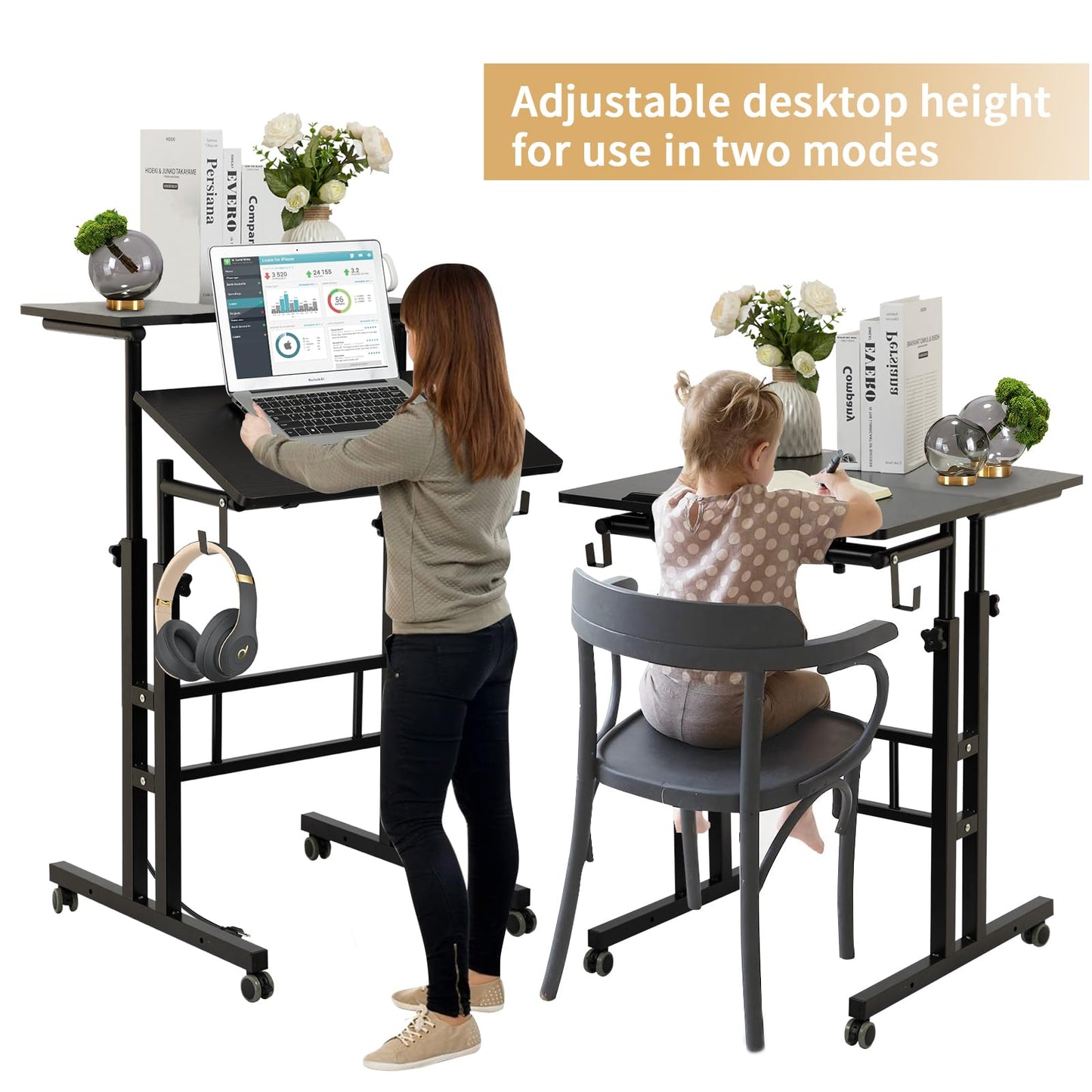SIDUCAL Mobile Standing Desk, Portable Stand Up, Small Adjustable Converter with Wheels Home Office Workstation, Rolling Desk Laptop Cart for Standing or Sitting, Black