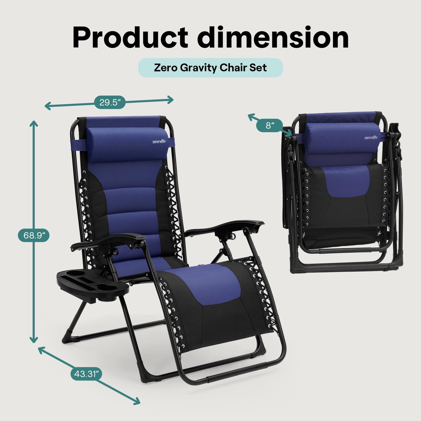 SereneLife Oversized Padded Zero Gravity Lounge Chair, Foldable Outdoor Patio Recliner, Anti Gravity Lawn Recliner with Cup Holder and Side Table for Backyard, Camping, Beach or Outdoor Relaxation